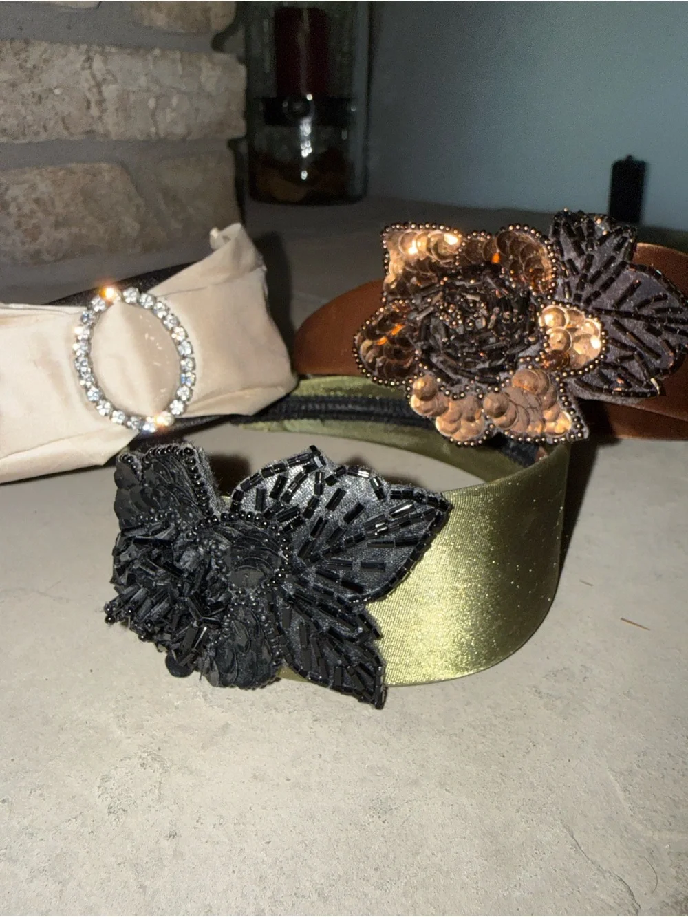 Decorative Accent Headbands - Brown/gold, green, black/ivory